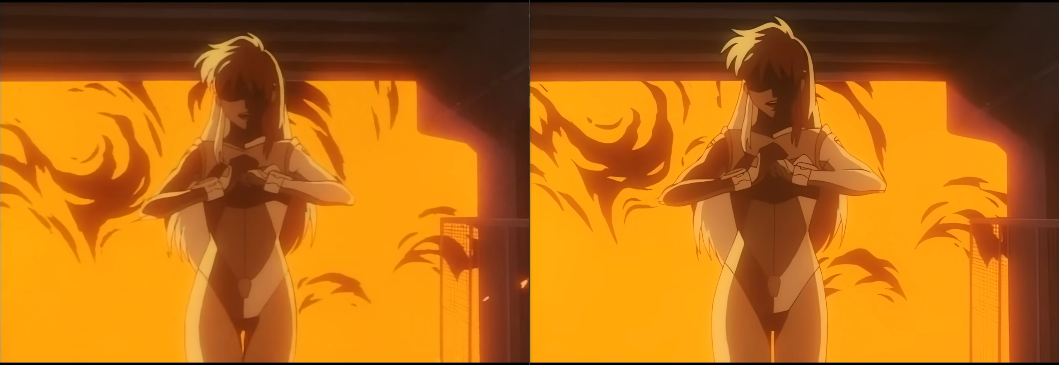 The left image, again of birdy in front of the fire, is less noisy than the original but still blurry. This blurriness precludes it from having the artificial look of the Real-ESRGAN result. The right image is the same as before, however this and the left one are both slightly stretched in width.