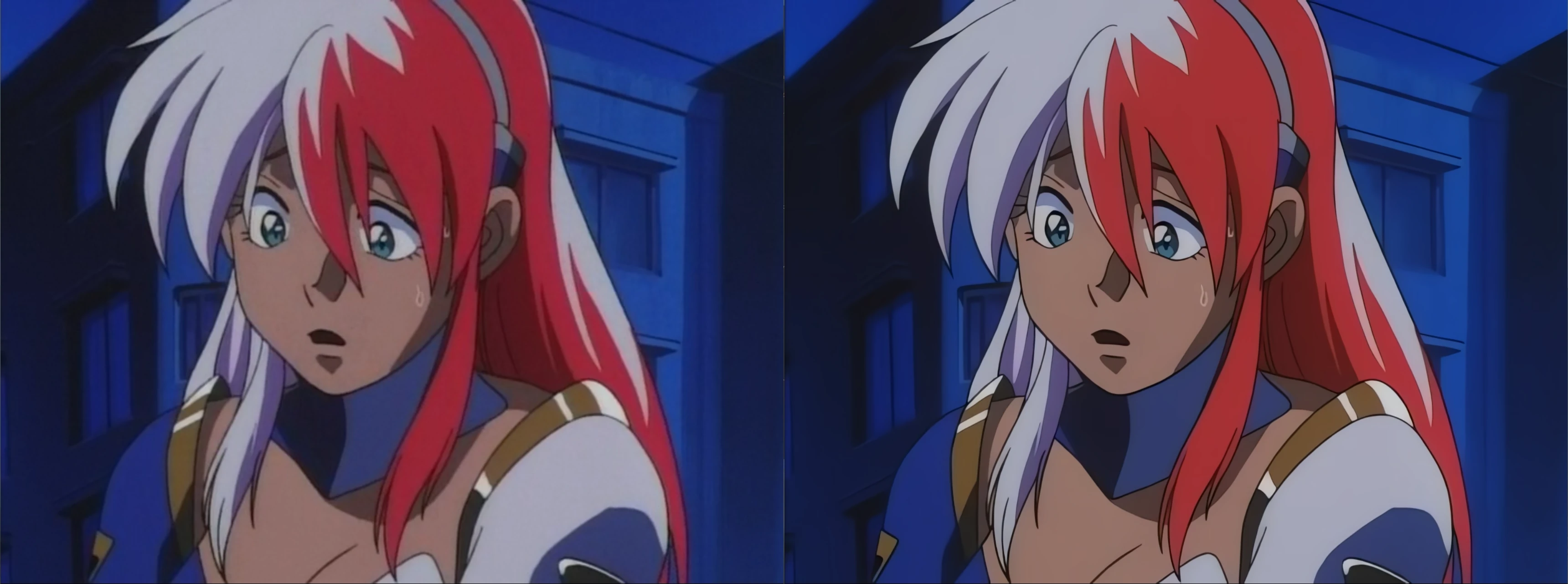 A shot of birdy in shock. On the left, the original rip is blurry and hazy. On the right, the upscaled version is extremely sharp without any artifacts.